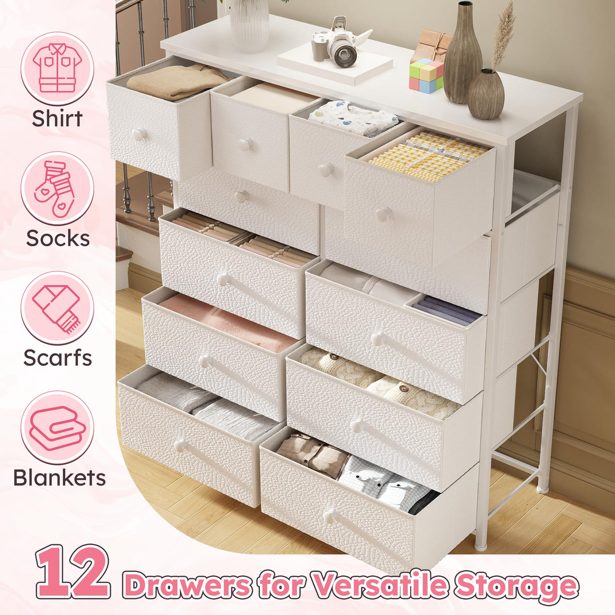 Bepatio Dresser for Bedroom with 12 Drawers Tall Dressers for Bedroom Fabric Dressers & Chest of Drawers with Sturdy Metal Frame, Wood Top, for Girls, Closet, 40.6" W x 11.8" D x 44.5" H (White) Bepatio