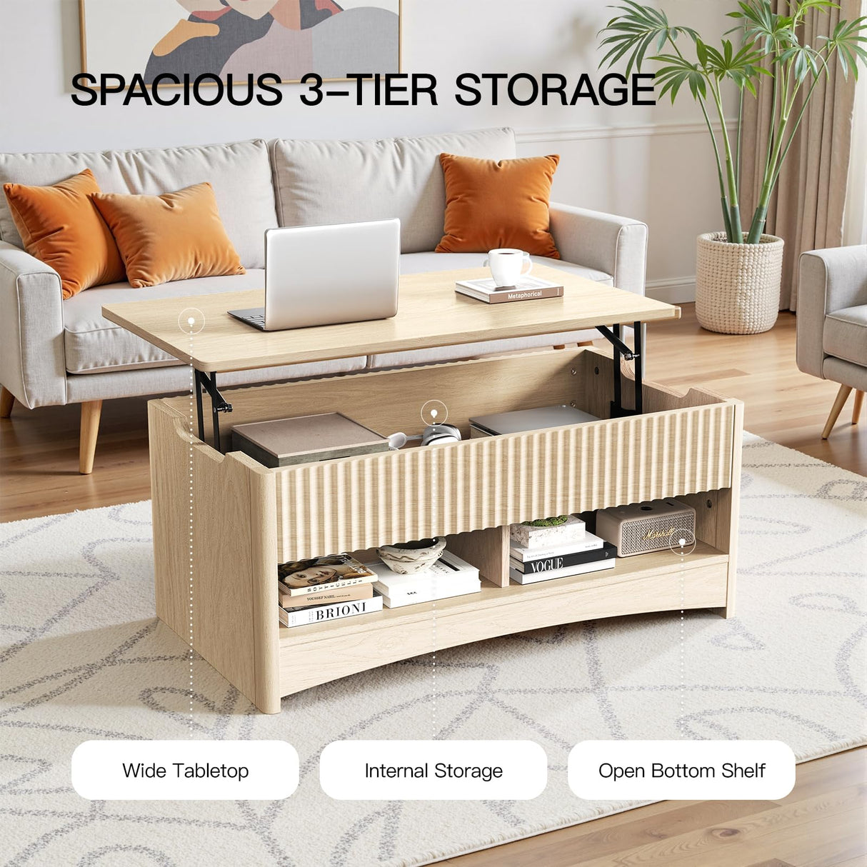 Amada Coffee Table Fluted Lift Top, 35.2" Wood Table with Storage Shelf & Hidden Compartment, Modern Rectangle Center Table for Living Room, Sturdy & Multi-Functional, Holds Up to 220LBS, Natural Oak AMADA HOMEFURNISHING