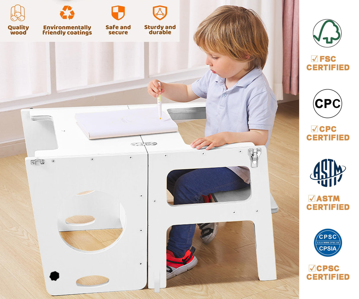 Foldable 4-in-1 Study Tower with Chalkboard for Learning, Montessori Kitchen Step Stool Toddlers Folding Stool for Kids 1-6years Ideal Helper (White) FANABAS