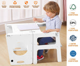 Foldable 4-in-1 Study Tower with Chalkboard for Learning, Montessori Kitchen Step Stool Toddlers Folding Stool for Kids 1-6years Ideal Helper (White) FANABAS