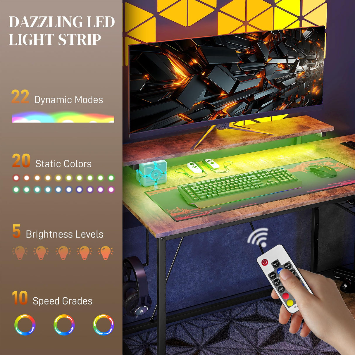 HOMCOM 42" L Shaped Desk with LED Lights, Power Outlet, USB Charging Ports, Reversible L Shaped Computer Desk with Storage Shelves, Monitor Stand, Corner Gaming Desk for Home Office, Rustic Brown HOMCOM