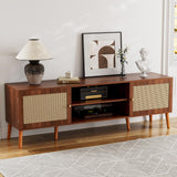 ZttRiee TV Stand for TVs up to 65'', Entertainment Center with Rattan Door, Shelves & 2 Cabinets, Long Boho Media TV Console for Living Room, Walnut ZttRiee