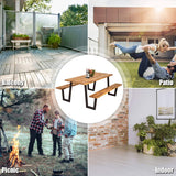 Giantex Picnic Table Bench Set with Umbrella Hole, Outdoor Dining Table Set, 70'' Acacia Wood Picnic Beer Table with Metal Frame Patented Giantex