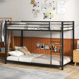 KOMFOTT Metal Low Bunk Bed Twin Over Twin, Heavy Duty Bunk Bed Frame with Ladder & Full-Length Guardrails, Metal Slatted Floor Bed Frame for Teens & Adults, No Box Spring Needed (Black) KOMFOTT