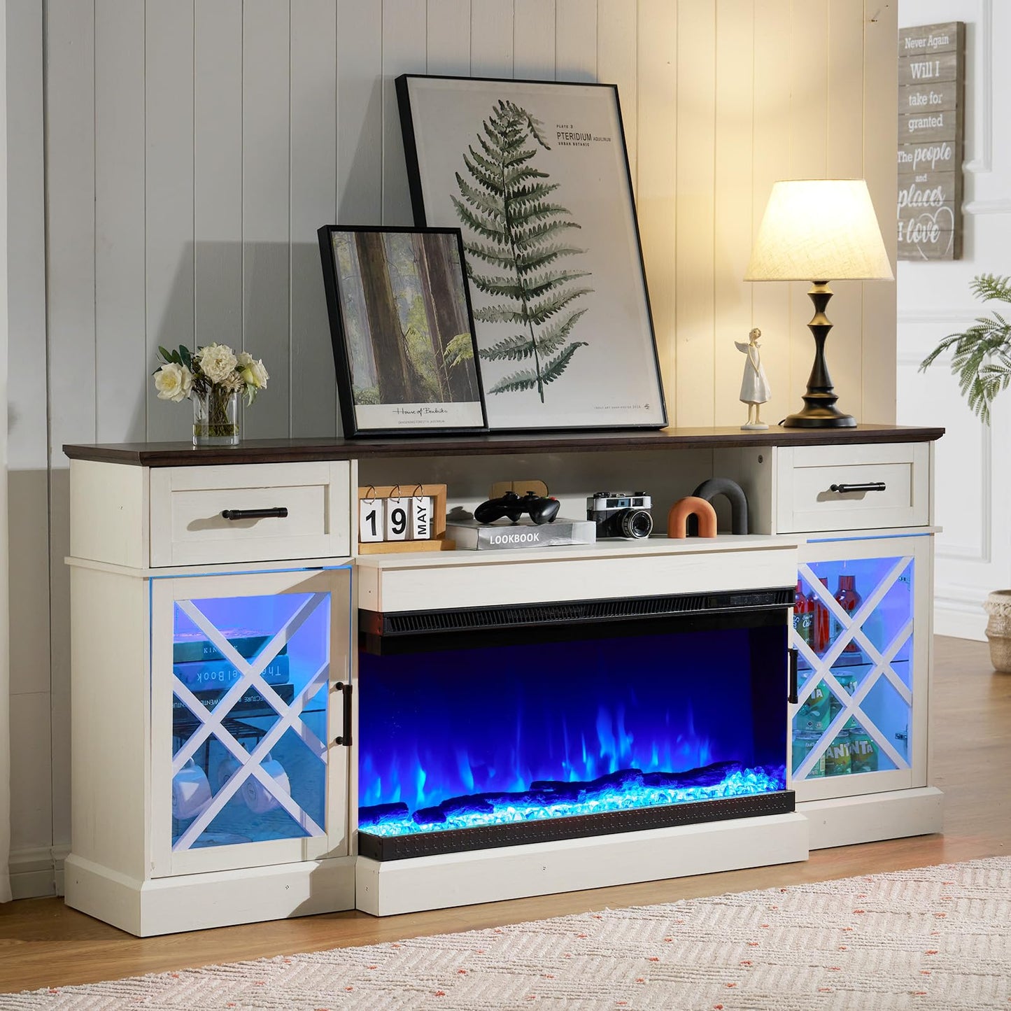 YUMPIE 3-Sided Farmhouse Fireplace TV Stand for TVs up to 80'', 12 Color Entertainment Center Console Table with LED Glass Door Storage Cabinet, 70'' Large TV Stands with 36" Fireplace,White+Barnwood