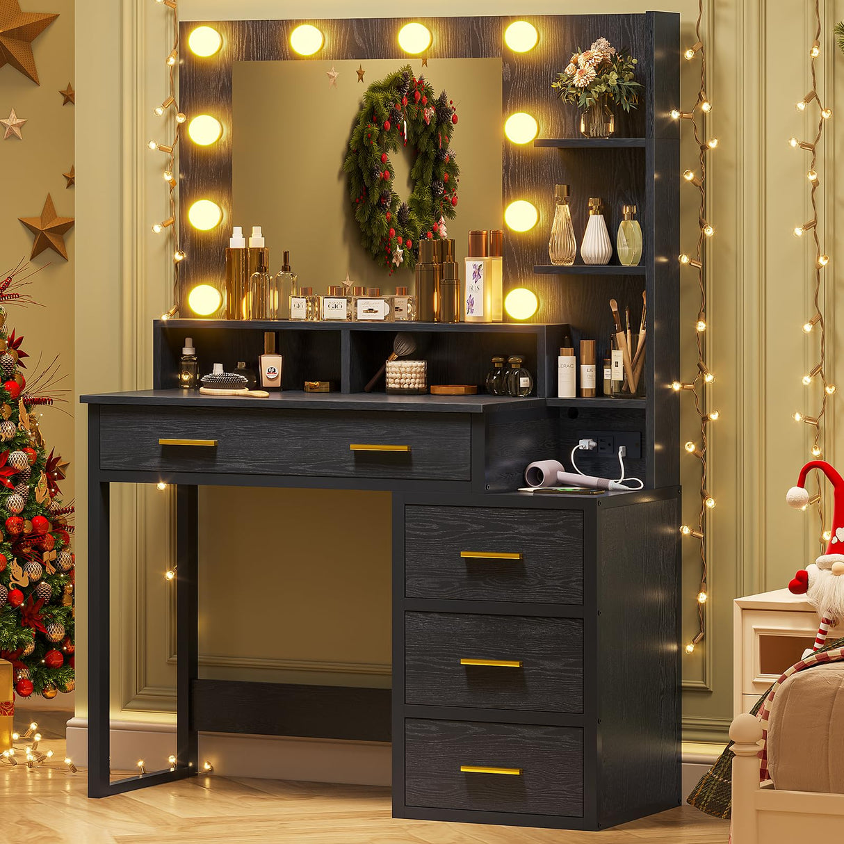 Tiptiper Makeup Vanity with Lights, Black Vanity Desk with Mirror & 3 Lighting Modes, Vanity Table with USB Ports and Outlets, Makeup Table with Nightstand & Storage Shelves & Drawers (Modern Black) Tiptiper