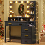 Tiptiper Makeup Vanity with Lights, Black Vanity Desk with Mirror & 3 Lighting Modes, Vanity Table with USB Ports and Outlets, Makeup Table with Nightstand & Storage Shelves & Drawers (Modern Black) Tiptiper