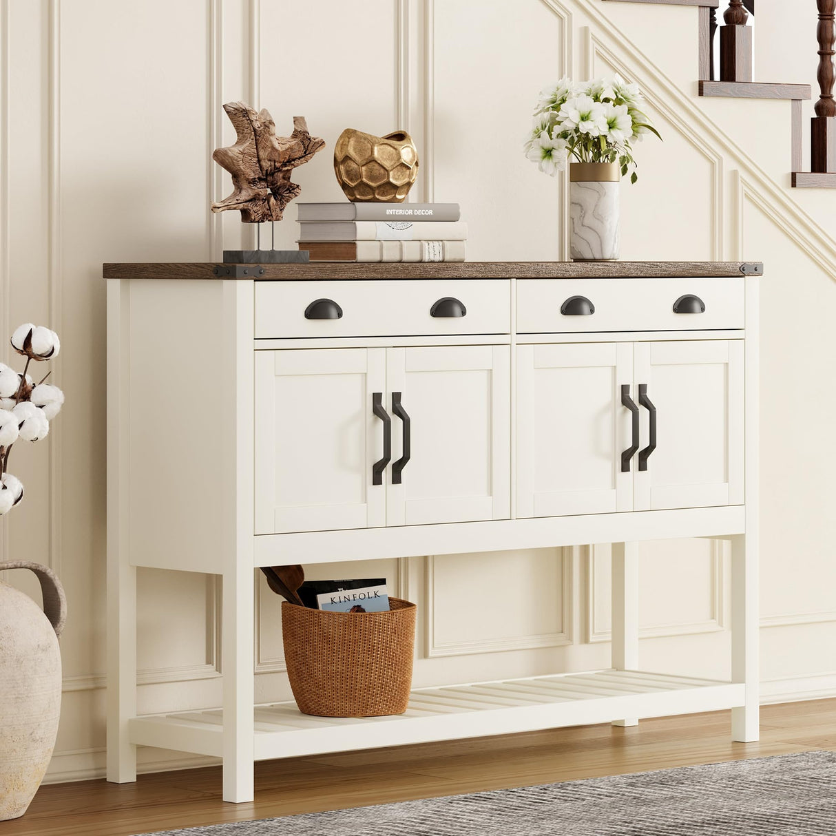 ChooChoo 47" Farmhouse Console Table with Storage, Rustic Entryway Table with Drawers & Doors, Narrow Long Sofa Table for Living Room, Hallway, Behind Couch, Soft White and Brown ChooChoo