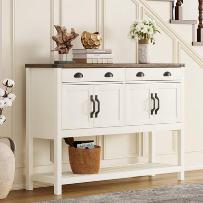 ChooChoo 47" Farmhouse Console Table with Storage, Rustic Entryway Table with Drawers & Doors, Narrow Long Sofa Table for Living Room, Hallway, Behind Couch, Soft White and Brown