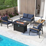 JOIVI Aluminum Outdoor Patio Furniture Set with 45” Fire Pit Table, 5 Pieces Patio Conversation Set with 50000BTU Propane Fire Pit, 4 Seats Outdoor Sectional Sofa Set with Coffee Table, Navy Blue JOIVI