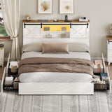 Hasuit Farmhouse Bed Frame King Size with 4 Storage Drawers, Wooden Platform King Beds with Charging Station and LED Lights, Rustic Bed with Storage Headboard and Sliding Barn Door Hasuit