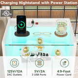 VIAGDO White Nightstand with Charging Station and LED Lights, 2 Drawers LED Night Stand with Tempered Glass Tabletop, Modern End Side Tables with Pull-Out Tray, Open Storage Bedside Tables VIAGDO