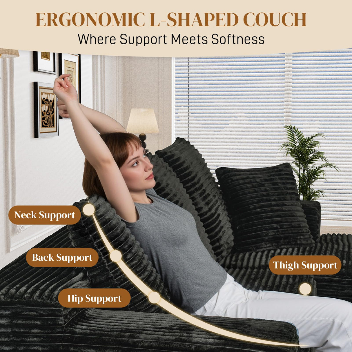 Repantes 108" L Shaped Boneless Sectional Couches for Living Room, Comfy Corduroy Floor Cloud Sofa with Chaise, Wide Armrest, Deep Seat, Memory Foam, Assembly Free, Ideal for Small Spaces, Black Repantes
