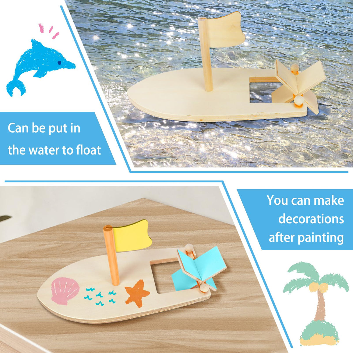 Amersumer 10 Pcs DIY Toy Wood Boat Craft Kits, Mini Wooden Sailboat Kits, Paddle Boats Paint and Decorate for School Projects, Make Your Own Sailboat Craft Amersumer