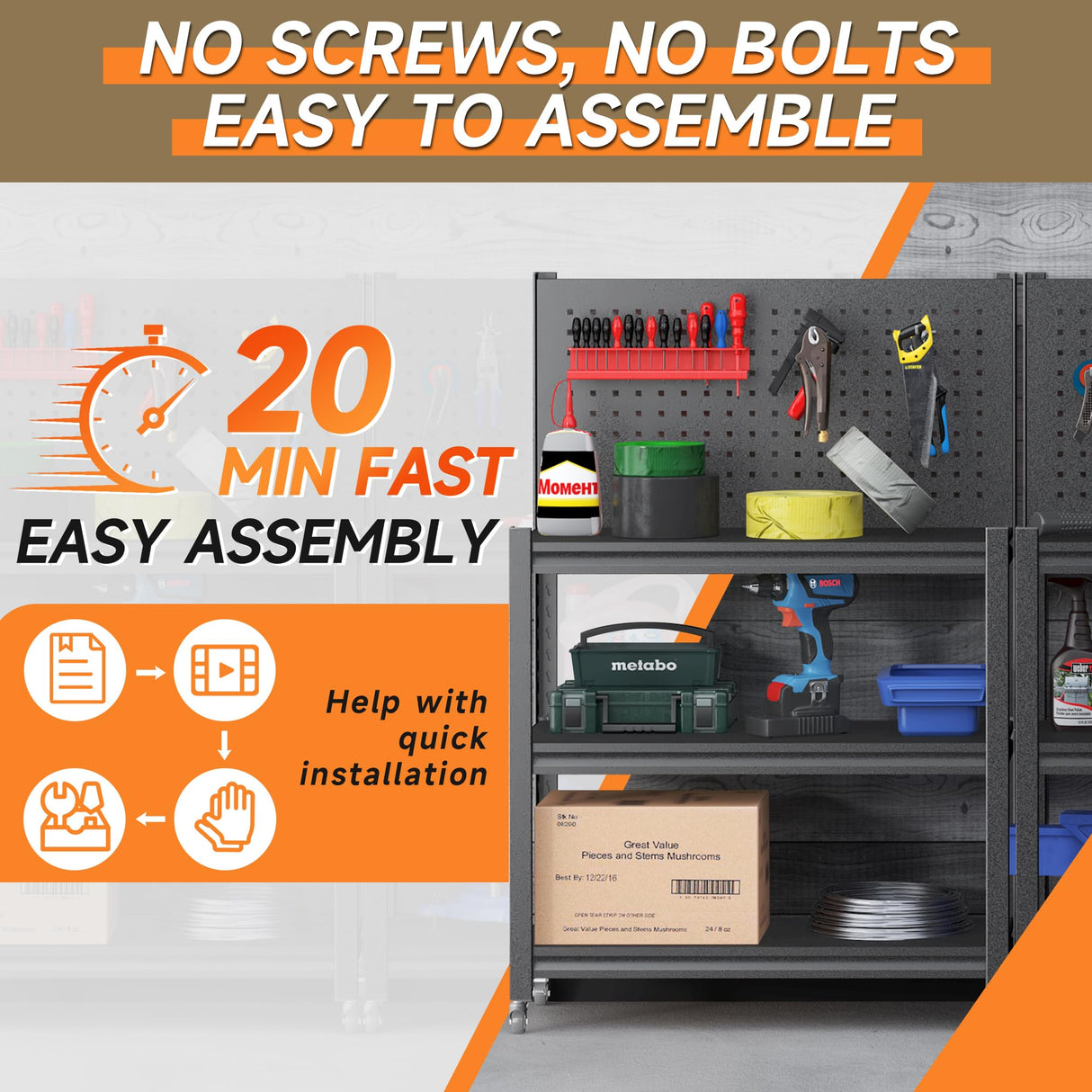 TOPASS WorkBench with Pegboard, Adjustable Heavy Duty Work Table with Wheels, Heavy Duty Workstation, Metal Tool Work Bench for Garage Warehouse Workshop, 48" H x 18" D x 34" W(with Pegboard) Topass