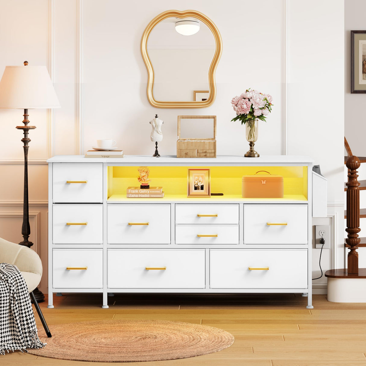 YITAHOME Dresser TV Stand for 55'' TV, 9-Drawer Dresser with Power Outlet and LED Light, Wide Dresser with Metal Handle, White Dresser with Shelves and PU Finish YITAHOME