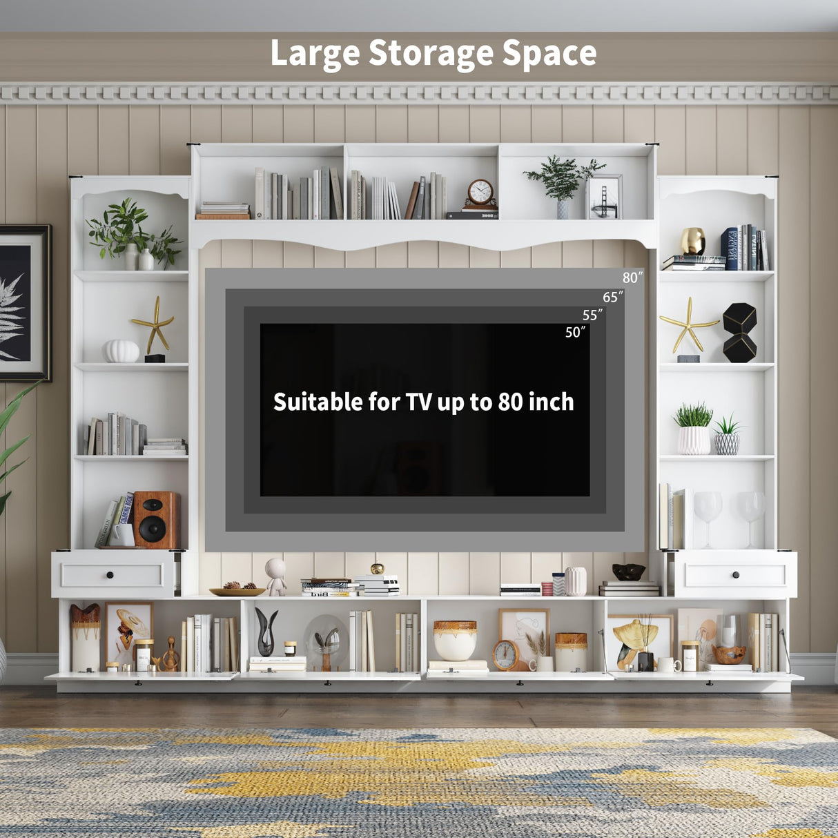 Loomie 104" W Wall Unit TV Stand with Storage for TVs up to 80", Large Farmhouse Wall Unit Entertainment Center with Bridge & Bookshelves, Tall TV Console Table Media Center for Living Room (White) Loomie