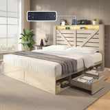 AMERLIFE Farmhouse Bed Frame with 4 Drawers & 4 Open Storage Space, Queen Size Storage Bed with LED Light & Charging Station, Wooden Slats, Noise Free, Rustic White AMERLIFE