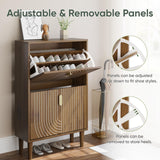 Smuxee Shoe Cabinet with 2 Flip Drawers, 23.6" Walnut Hidden Shoe Storage Cabinet with Line Groove Design, Freestanding Shoe Organizer Cabinet for Entryway, Hallway, Living Room Smuxee