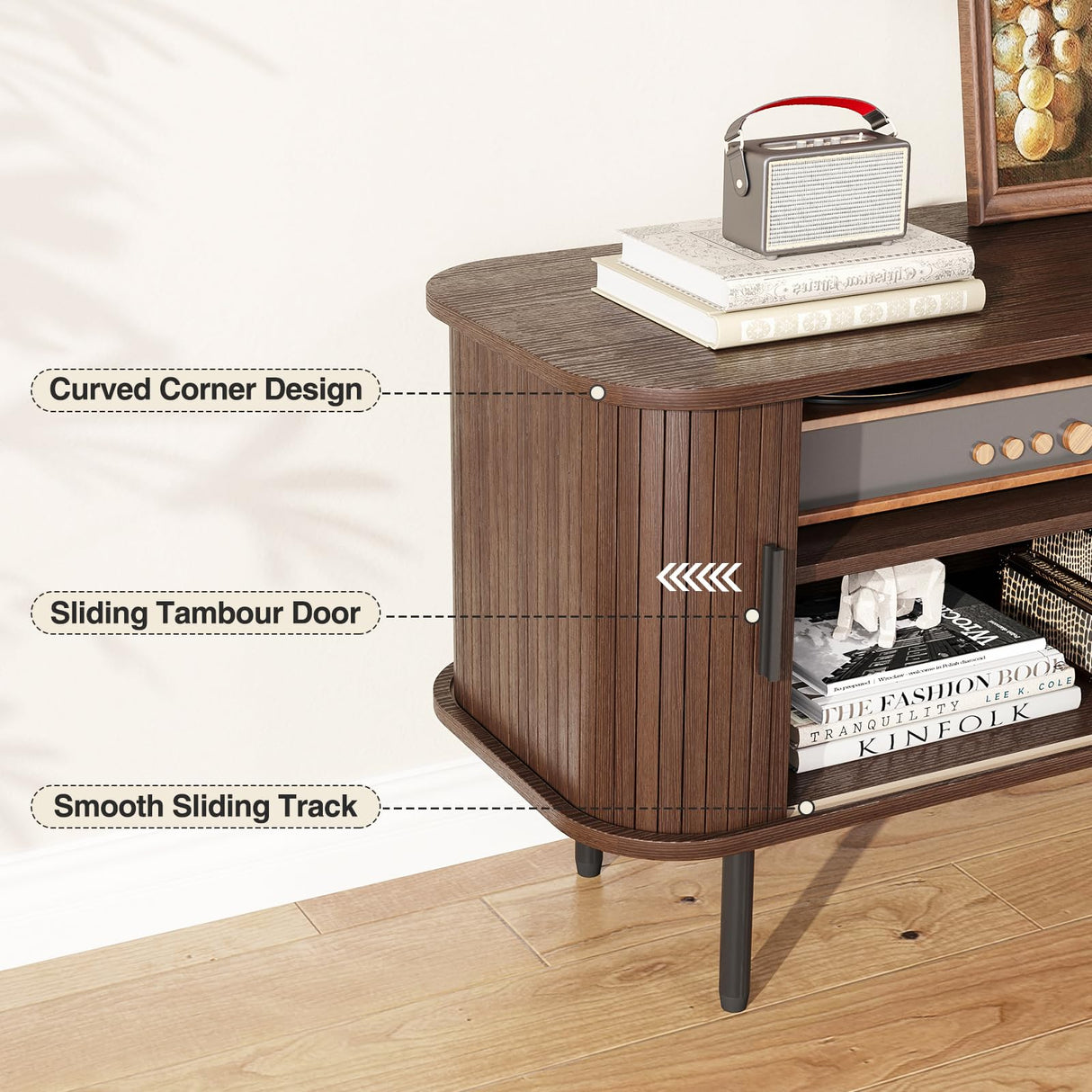 FiveWillowise 63" Mid Century Modern Fluted TV Stand for TVs up to 75 Inch, Gaming Entertainment Center with Tambour Slatted Sliding Doors, Media TV Consoles Table for Living Room, Walnut FiveWillowise