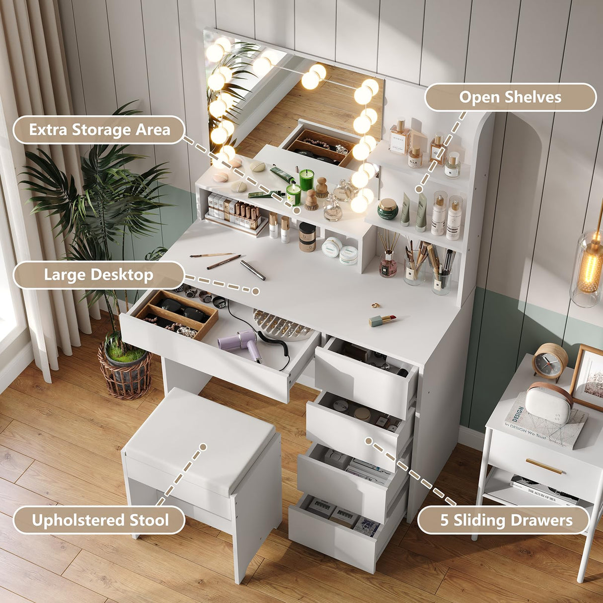 Furniouse 37" W Vanity Desk, Vanity Mirror with Lights and Table Set with 5 Drawers, Vanity Set 3 Lighting Modes Brightness Adjustable for Bedroom Studio Furniouse