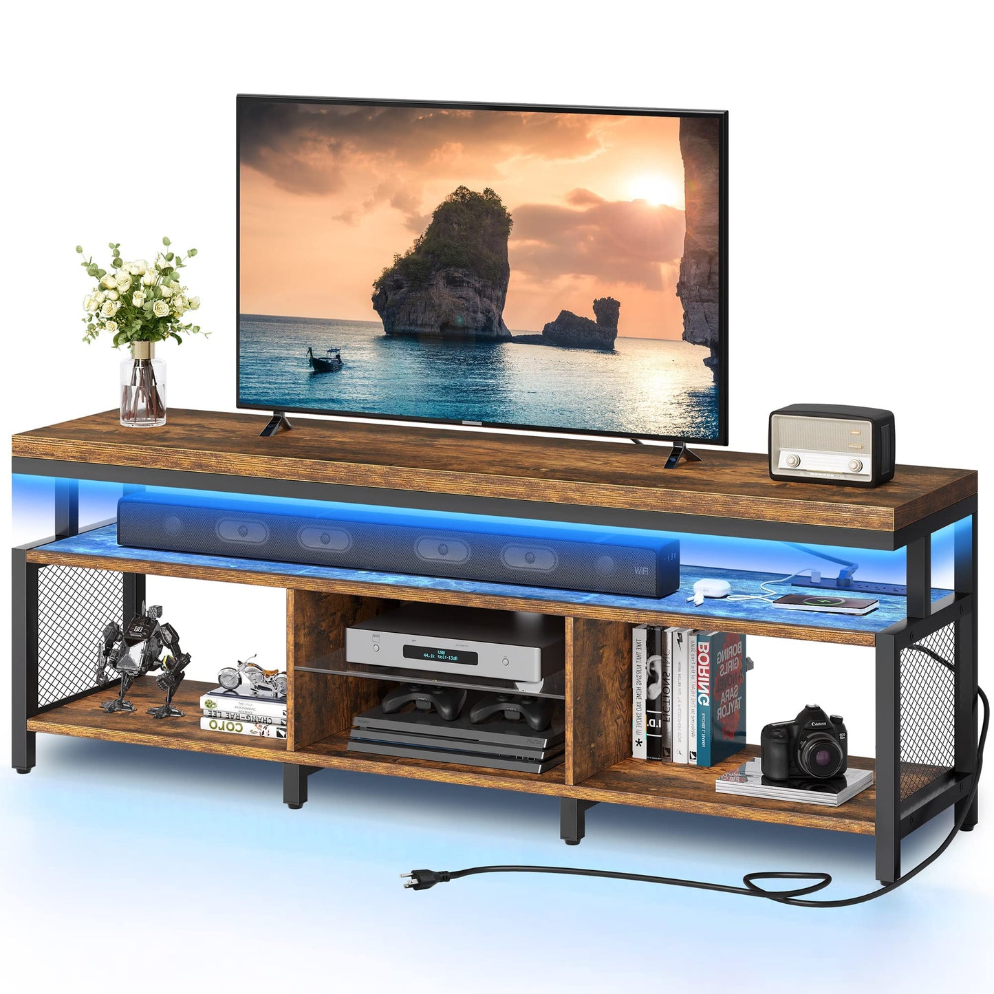 YITAHOME LED Television Stands w/Power Outlets for 70/65 inch, Modern Industrial TV Stand, Entertainment Center w/Open Storage, Entertainment Center for 360lbs for Living Room, Retro Brown - WoodArtSupply