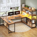 SEDETA L Shaped Desk with Storage Shelves, 63” Reversible U Shaped Office Desk, Gaming Desk with Power Outlet and LED Lights for Home Office, Rustic Brown SEDETA