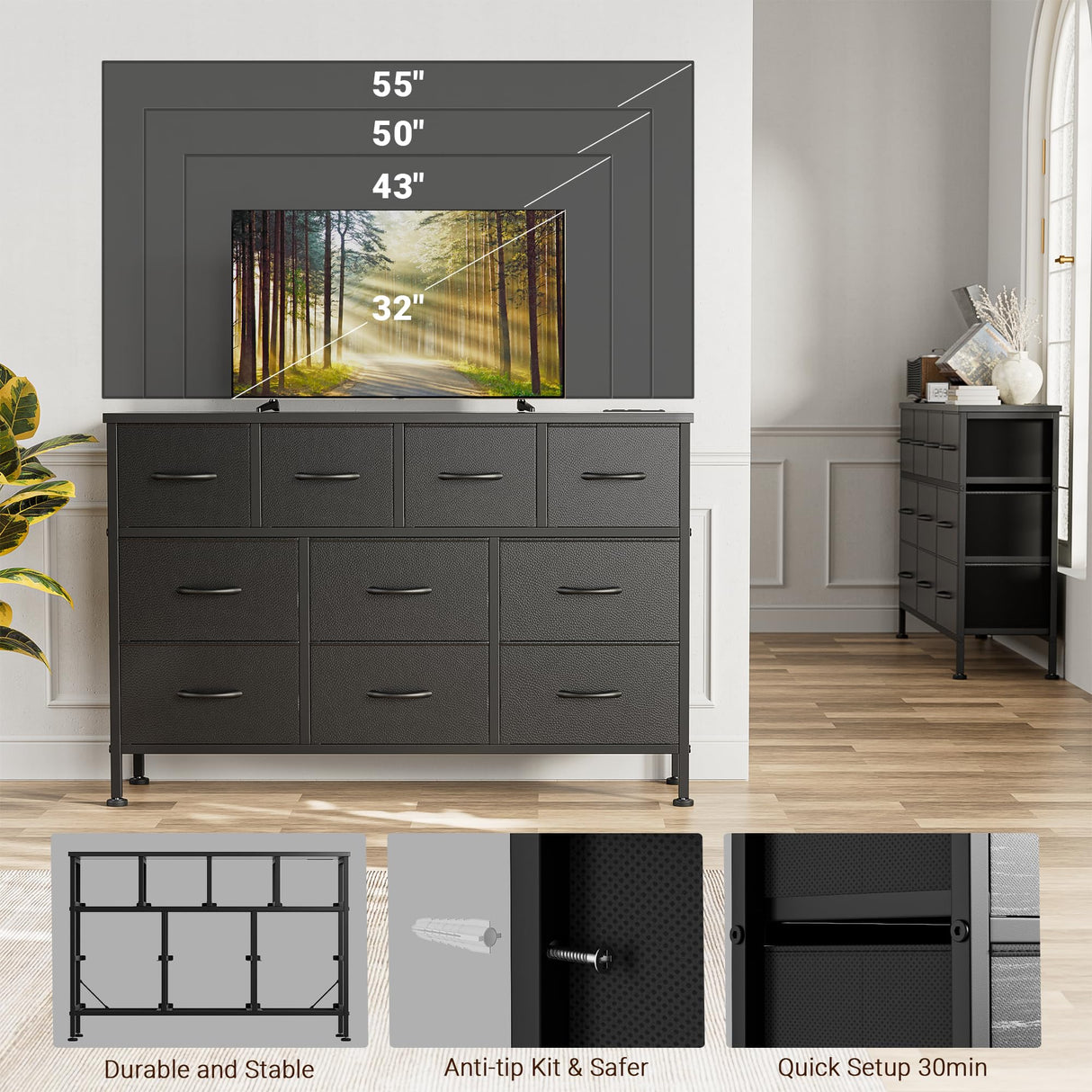 Lulive 10 Drawer Black Dresser for Bedroom, Dresser TV Stand with Power Outlet, Entertainment Center Chest of Drawers for 55'' Long TV, Wide Fabric Dresser for Storage and Organization (Black) Lulive