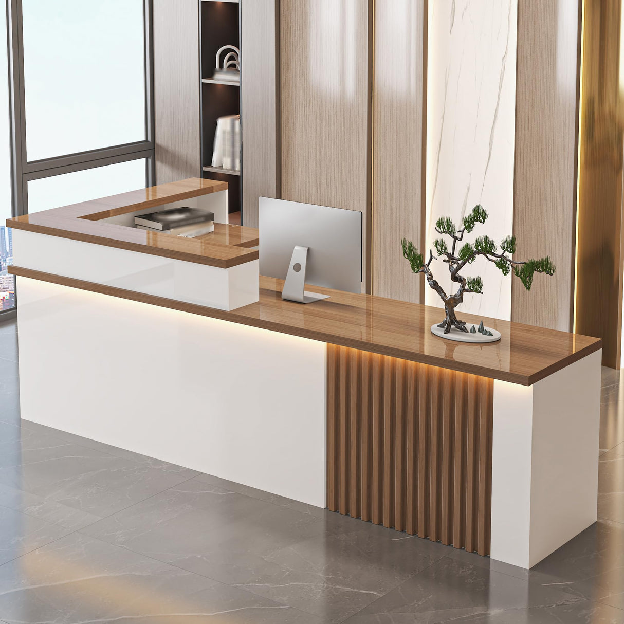 L Shaped Reception Desk,Modern Front Desk Reception Counter,Salon Reception Counter with Storage & Led Lights & Lockable Drawer,for Lobbies Office-Easy to Install Generic