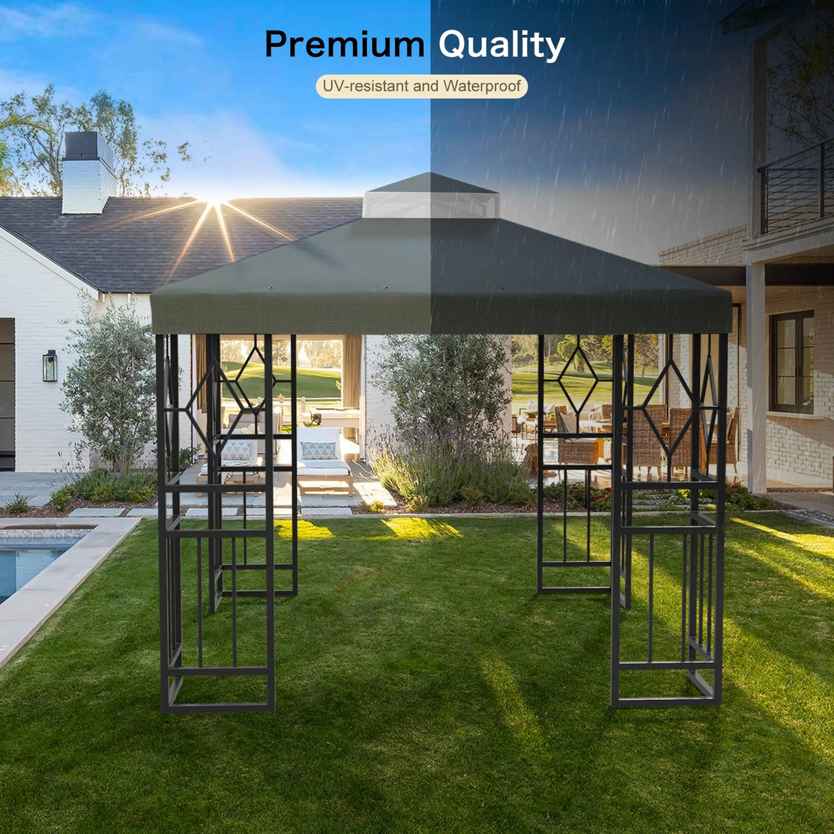 Pelnuies 10x10 Canopy Replacement Top, Double Tiered Grill Gazebo Cover with Gauze Net, Sun and Rainproof Canopy Top Cover for Yard, Patio and Garden(Gray) Pelnuies