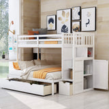 Merax Twin Over Full/Twin Wood Bunk Bed with Storage Shelves and Drawers, Wooden Convertible Bed Frame for Bedroom, No Spring Box Needed, White Merax