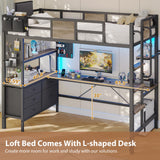 Twin Loft Bed with Desk and 5 Storage Drawers,Loft Bed Twin Size with LED Lights and Charging Station, Metal Bunk Bed Frame with Ladder, Clothes Rail,Noise Free,Oak Gray Dnxao