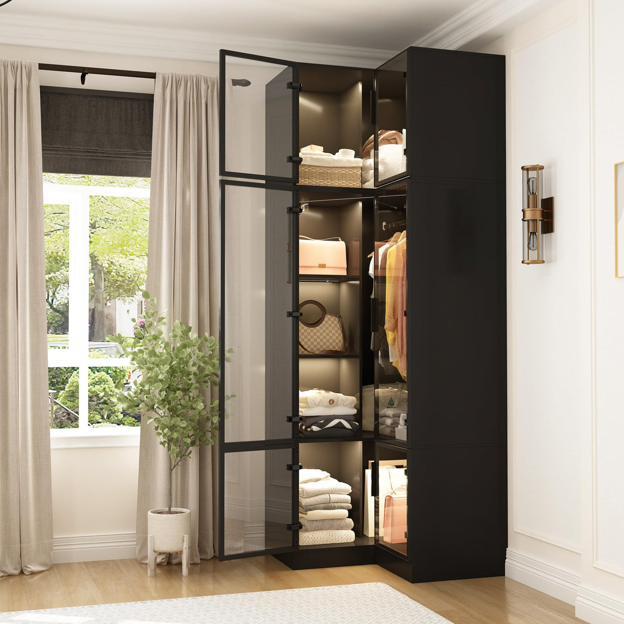 Homsee 94.5" H Corner Armoire Wardrobe Closet with Hanging Rod, LED Lights & Tempered Glass Doors, L-Shape Cloth Storage Cabinet with Top Cubes & Adjustable Shelves for Bedroom, Black Homsee