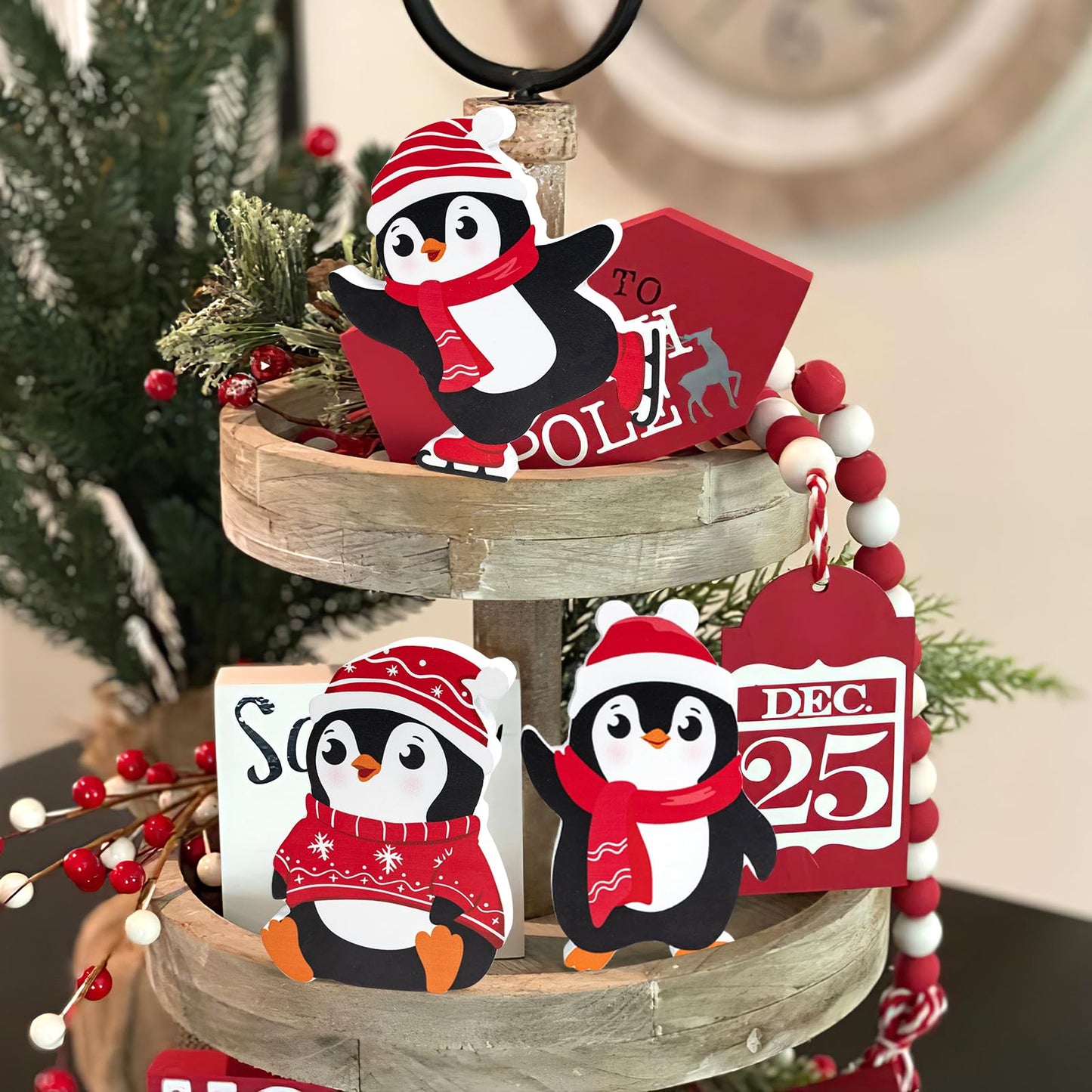 COCHIE Penguin Christmas Decorations Indoor, Cute Penguins Winter Tiered Tray Decor Set of 3, Wooden Penguin Blocks Xmas Table Decoration for Party Home Office Shelf Door (Red)