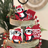 COCHIE Penguin Christmas Decorations Indoor, Cute Penguins Winter Tiered Tray Decor Set of 3, Wooden Penguin Blocks Xmas Table Decoration for Party Home Office Shelf Door (Red) COCHIE