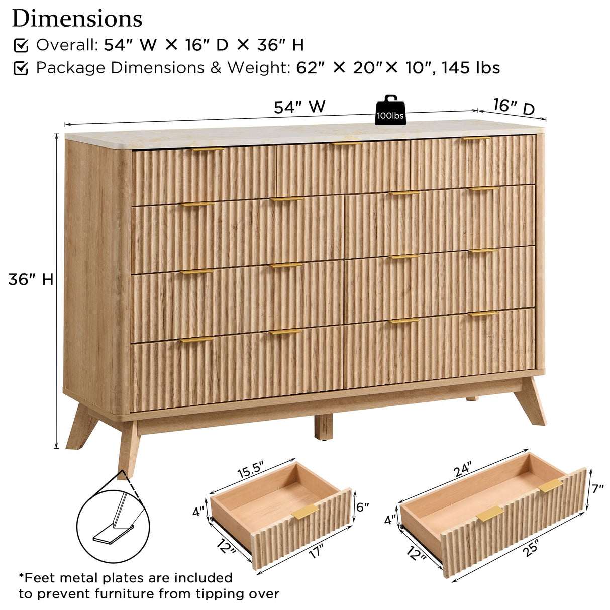 T4TREAM Fluted 9 Drawer Dresser, Modern Chest of Drawers with Faux Marble Top, Curved Profile Design, Dresser TV Stand, Wood Drawer Organizer for Bedroom, Living Room, Hallway, Natural Oak T4TREAM