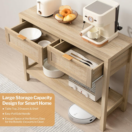 SICOTAS Set of 2 Boho Console Tables with Rattan Drawers and Storage in Reclaimed Light Oak SICOTAS