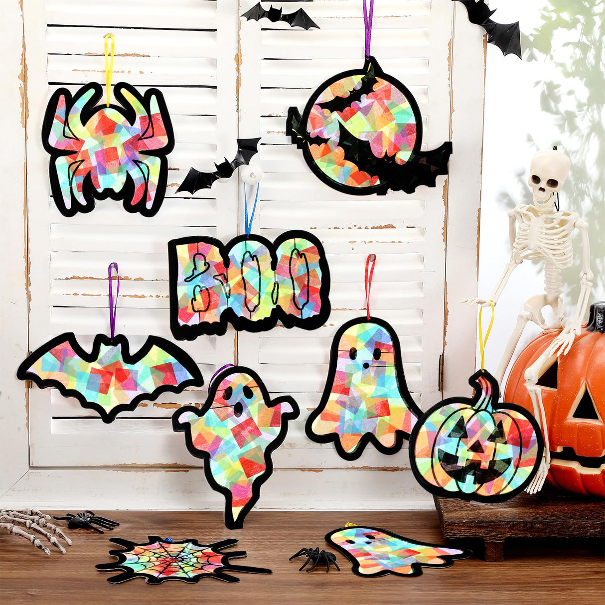 Eersida 32 Pcs Halloween Suncatchers Paper Craft Set DIY Ghost Pumpkin Spider Shaped Stained Glass Tissue Paper Kits Bulk for Window Classroom Activities Art Halloween Party Decorations Favors Gift Eersida