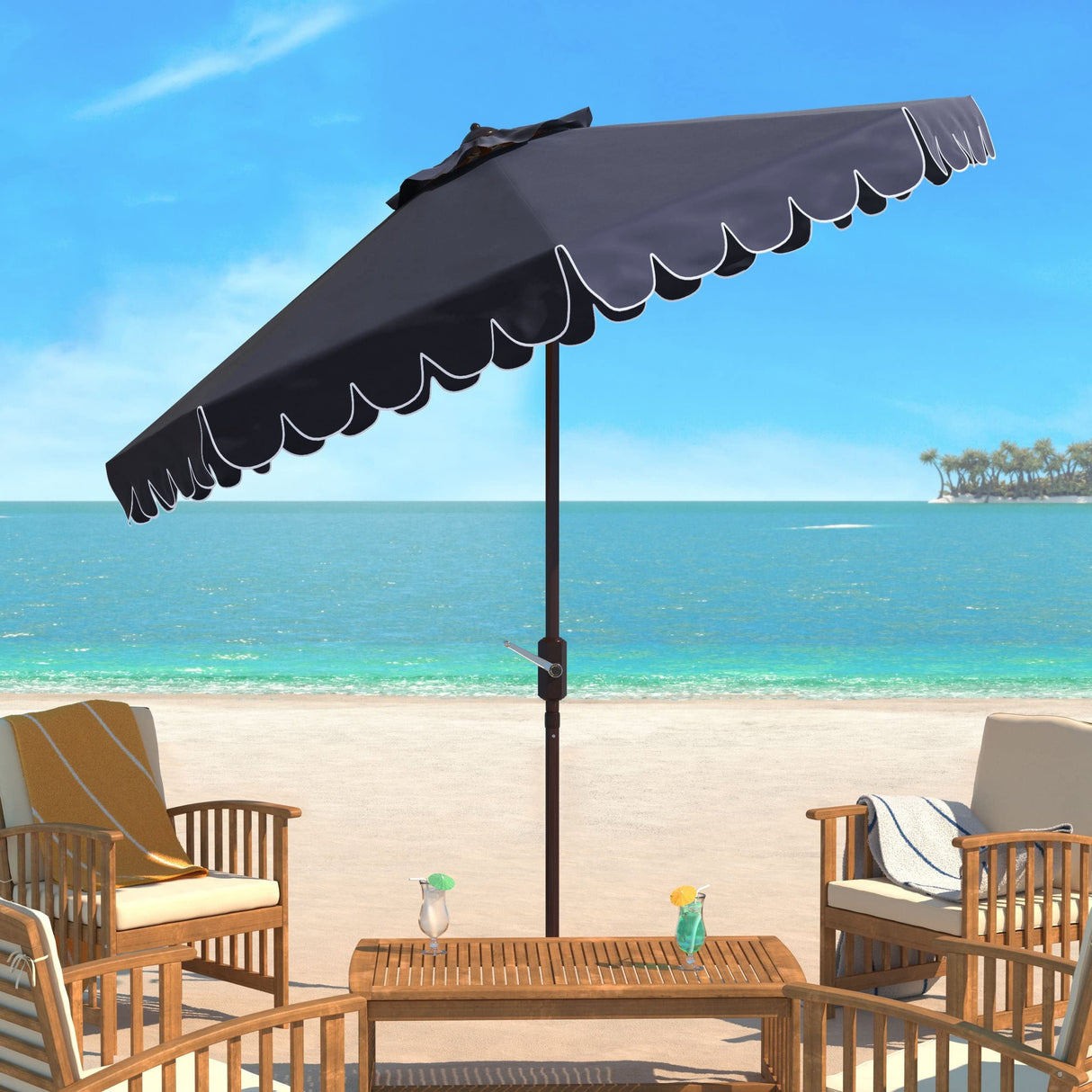 SAFAVIEH PAT8010A Collection Venice Navy and White Single Scallop 9Ft Crank Outdoor Push Button Tilt Umbrella Safavieh
