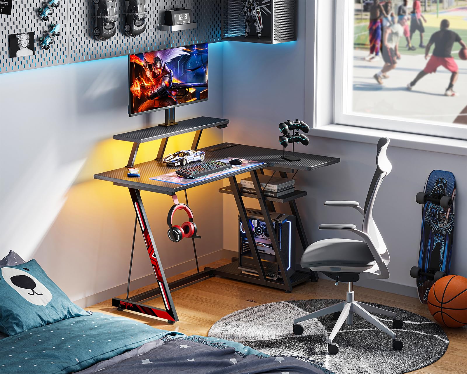 MOTPK Small Gaming Desk with LED Lights & Power Outlets, 39 Inch L Shaped Gaming Computer Desk with Storage Shelf, Gamer Desk with Monitor Stand, PC Gaming Table with Carbon Fiber Texture, Bl - WoodArtSupply