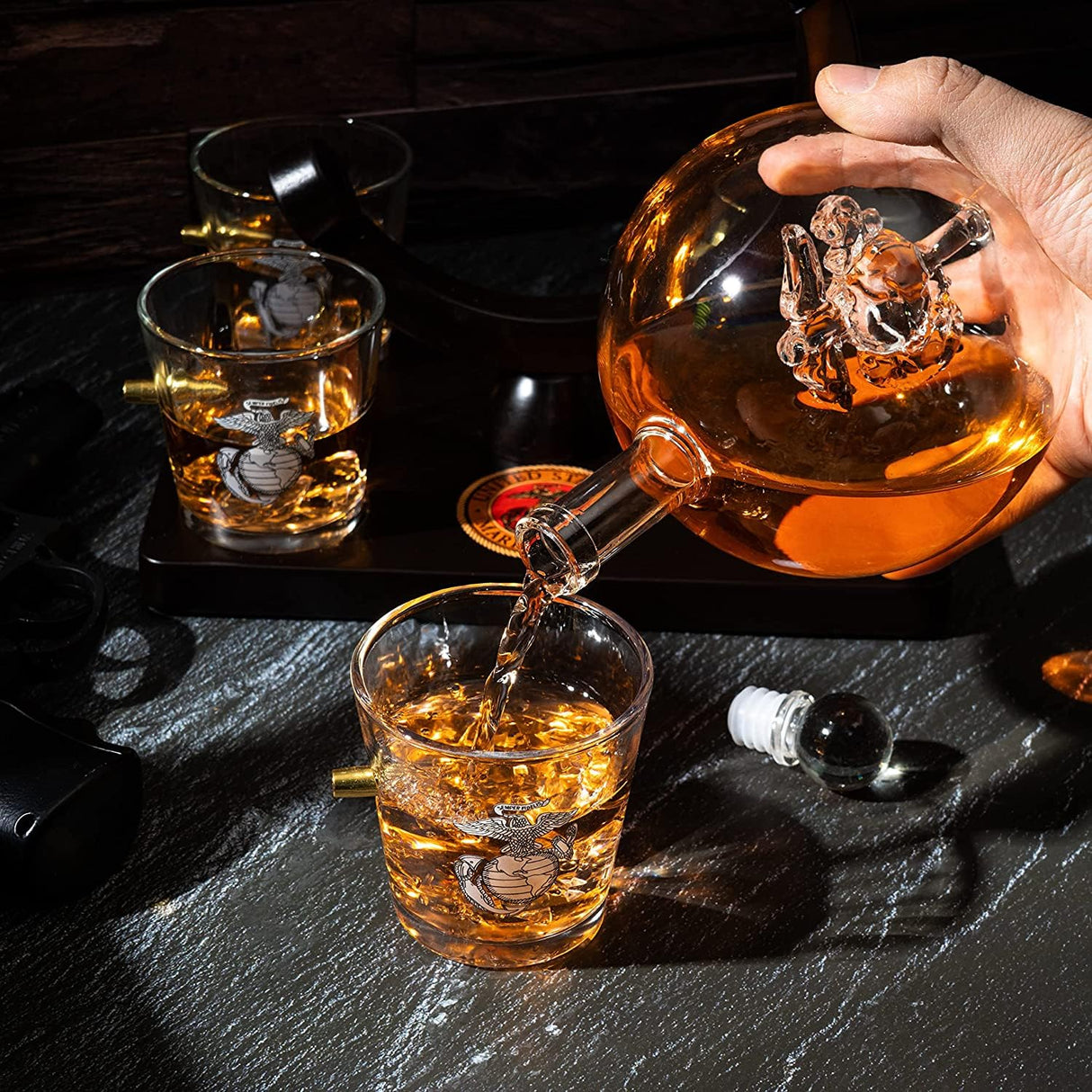 U.S. Marine Globe Whiskey Decanter Set with 4 Liquor Glasses - Marine Veteran Gift Set with Mahogany Wood Base & Emblem - Gifts for Men, U.S.A Flag - Bourbon and Scotch Military Gifts for Dad (29 OZ) The Wine Savant