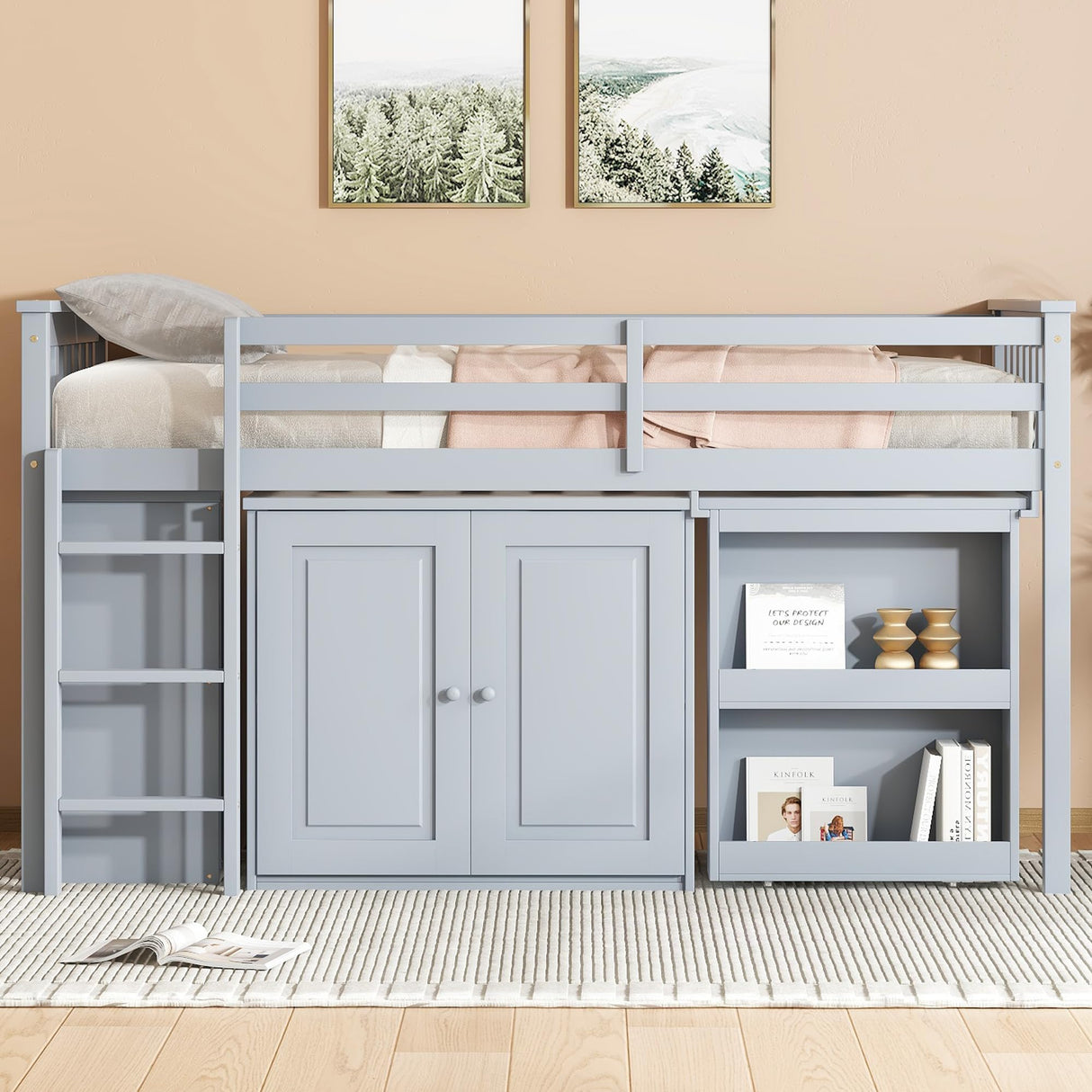 Ball & Cast Twin Loft Bed with Storage Cabinet and Drawer,Rubber Wood Bed Frame w/Safety Guardrail & Ladder,Space-Saving Furniture for Girls Boys Student Dorms,Grey Ball & Cast