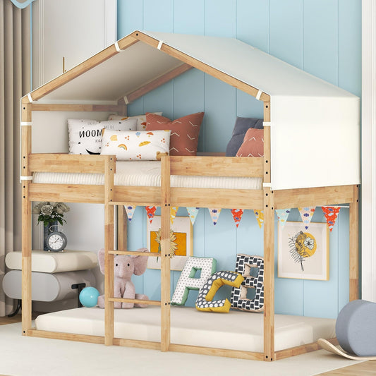 Harper & Bright Designs Twin Over Twin House Bunk Bed with Tent in Natural Wood Finish - WoodArtSupply