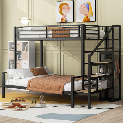 Harper & Bright Designs Twin Over Full Bunk Bed with Stairs, Metal Stairway Bunk Bed Frame with Storage and Open Wardrobe, for Kids Teens Adults - Black