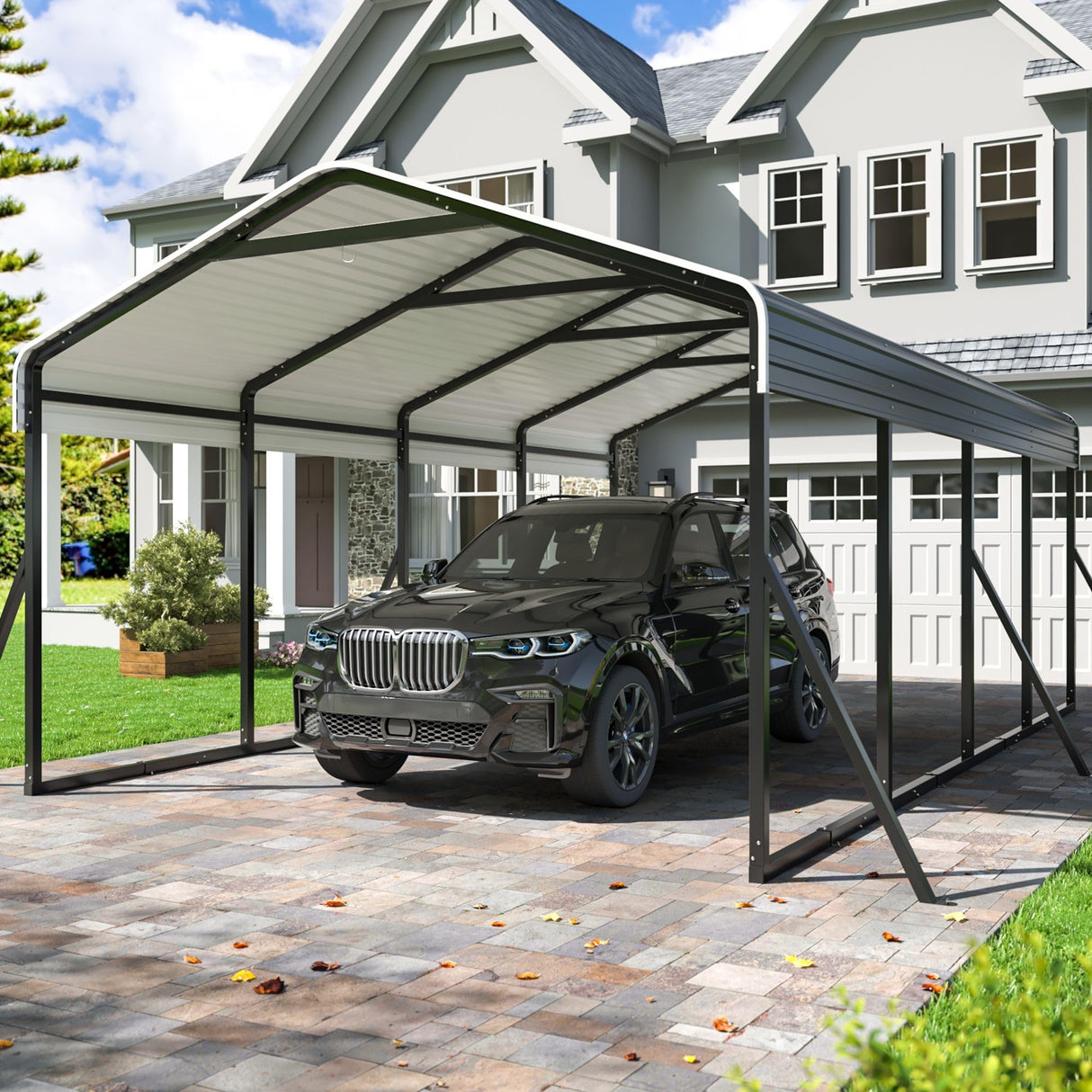 DAUSOLA Carport 12x20 FT Heavy Duty Carports Canopy with Updated Frame Structure Galvanized Steel Roof and Enhanced Base, Metal Carport Garage for Pickup, Boat, Car and Tractors DAUSOLA