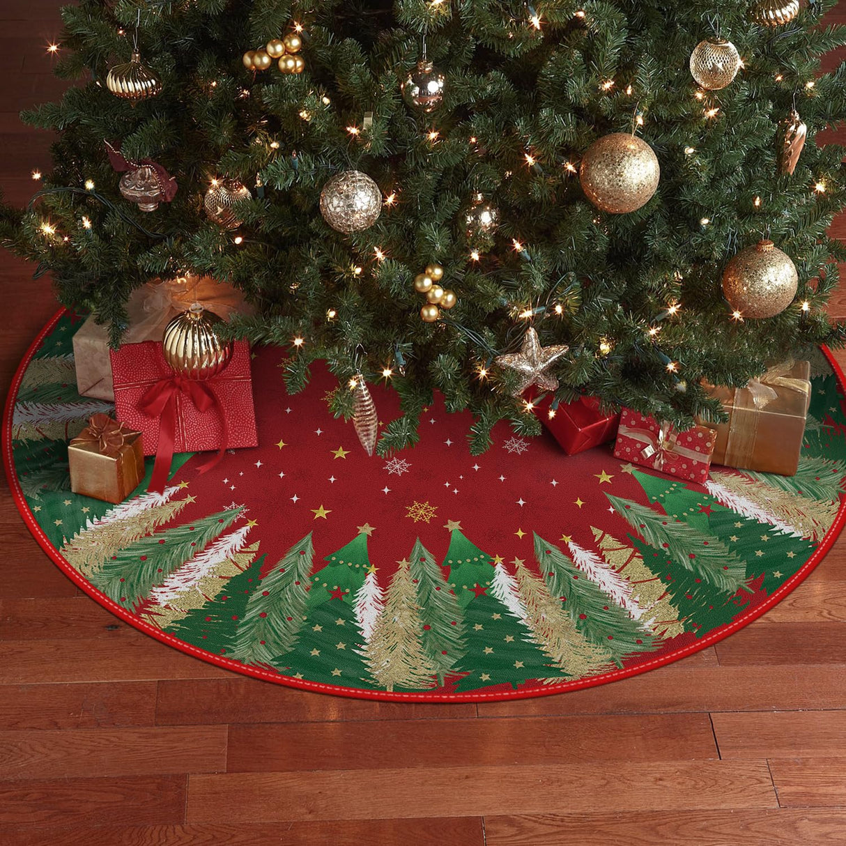 AVOIN colorlife Christmas Star Snowflake Red Christmas Tree Skirt 36 Inch, Fir Pine Spruce Winter Holiday Tree Mat Decoration AVOIN colorlife
