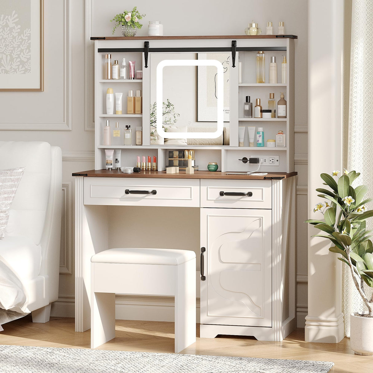 Farmhouse Makeup Vanity Desk with Sliding Mirror and Lights and Charging Station, White Vanity with Shelves and Drawers and Storage Cabinet, Make Up Vanity Desk with Cushioned Stool for Bedroom Befrases