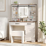 Farmhouse Makeup Vanity Desk with Sliding Mirror and Lights and Charging Station, White Vanity with Shelves and Drawers and Storage Cabinet, Make Up Vanity Desk with Cushioned Stool for Bedroom Befrases