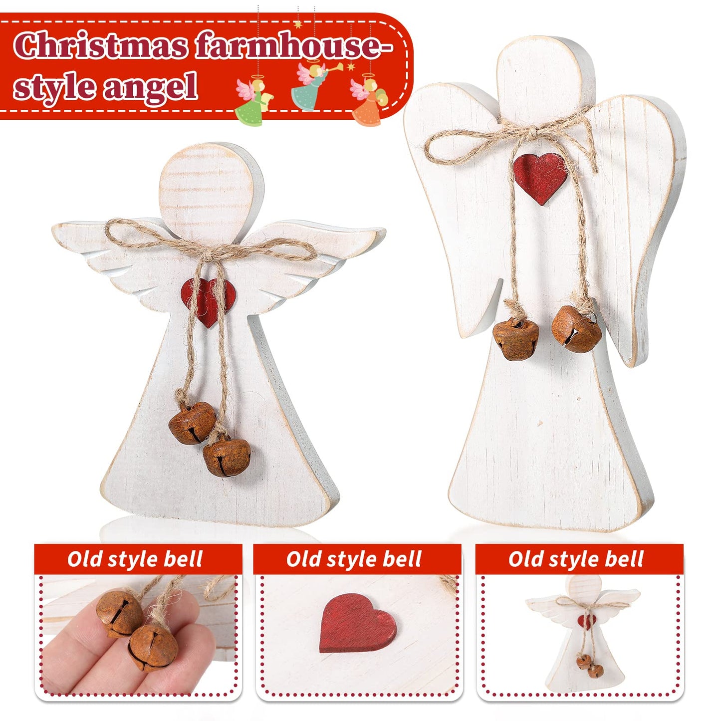 2 Pieces Wooden Angel Christmas Statues Christmas Wood Angel Figurines Rustic Angel Statue with Twine Table Farmhouse Christmas Decor Xmas Angel Memorial Gifts, 2 Styles