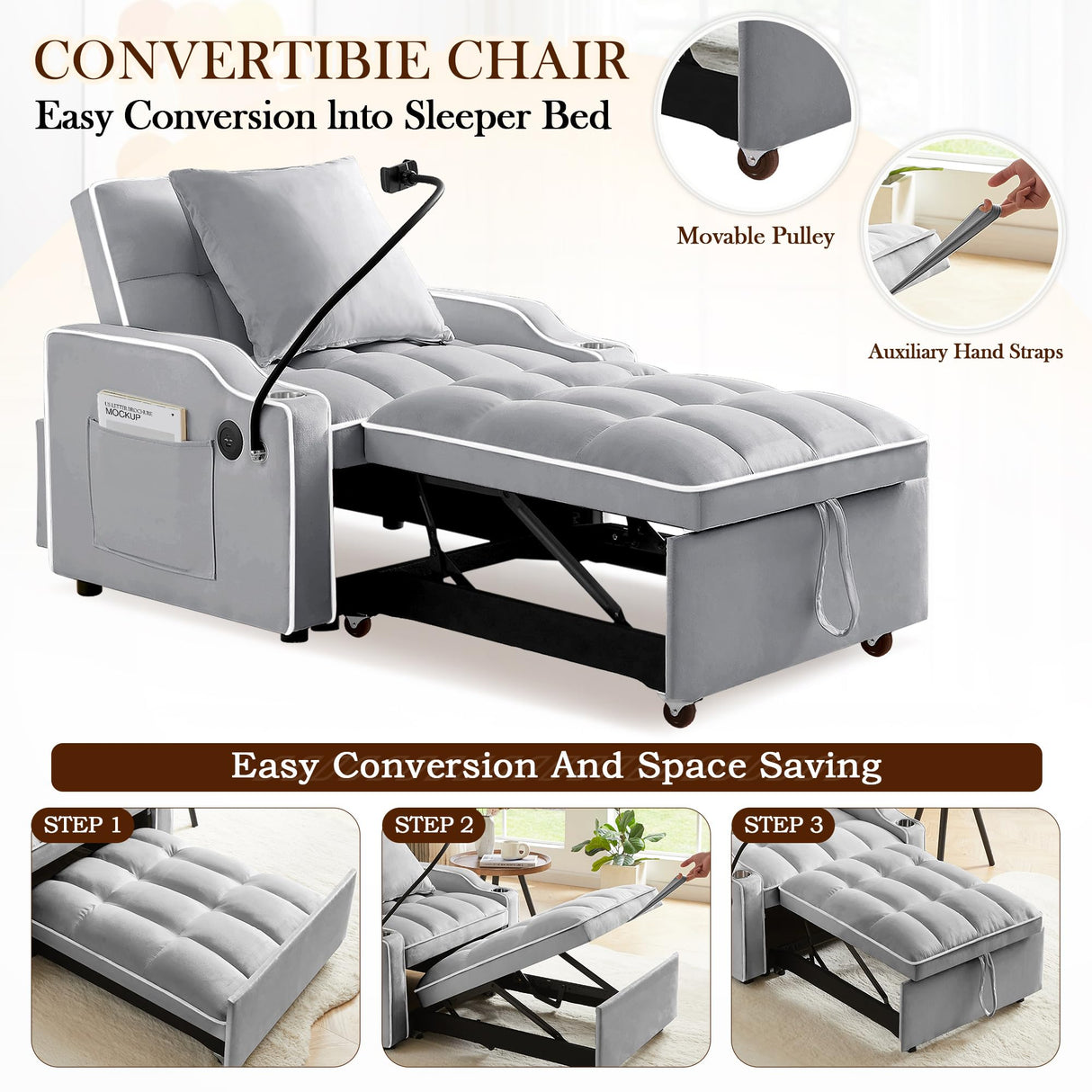 SLEERWAY 3-in-1 Convertible Futon Sofa Bed Chair, Multi-Functional Sleeper Chair Bed with Pull Out Couch and Adjustable Backrest, Modern Velvet Chaise Lounge Armchair for Living Room Bedroom, Grey SLEERWAY